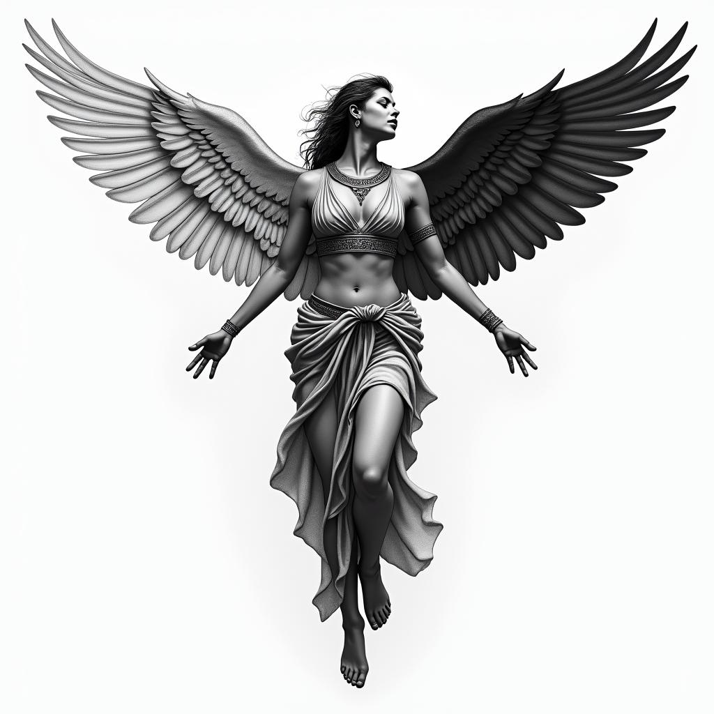 A realistic tattoo of a woman with wings, one pointing upwards and the other downwards, symbolizing freedom. She wears clothing inspired by the Victory of Samothrace, incorporating elements that evoke admiration. The wings are in contrasting colors, white and black, representing duality. The overall design conveys a sense of elegance and strength.higly detailed tattoo - Variation 2