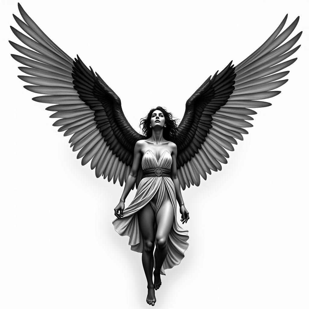 A realistic tattoo of a woman with wings, one pointing upwards and the other downwards, symbolizing freedom. She wears clothing inspired by the Victory of Samothrace, incorporating elements that evoke admiration. The wings are in contrasting colors, white and black, representing duality. The overall design conveys a sense of elegance and strength.higly detailed tattoo