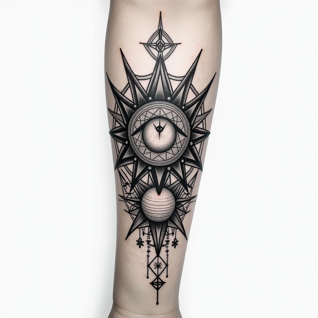 Tattoo for arm with geometry pattern and Cali vibesin prophecy tattoo style, featuring mystical symbols, celestial imagery like stars, moons, suns, geometric patterns, foretelling elements, an eye of wisdom - Variation 2