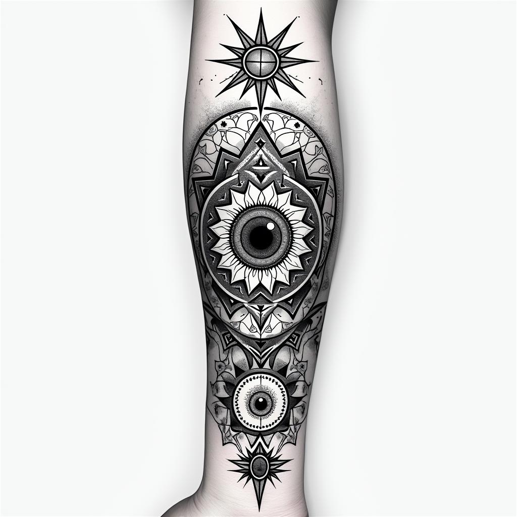 Tattoo for arm with geometry pattern and Cali vibesin prophecy tattoo style, featuring mystical symbols, celestial imagery like stars, moons, suns, geometric patterns, foretelling elements, an eye of wisdom