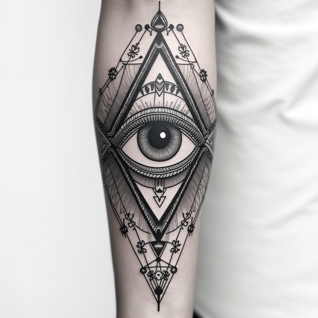 Tattoo for arm with geometry pattern and Cali vibesin prophecy tattoo style, featuring mystical symbols, celestial imagery like stars, moons, suns, geometric patterns, foretelling elements, an eye of wisdom - Variation 3