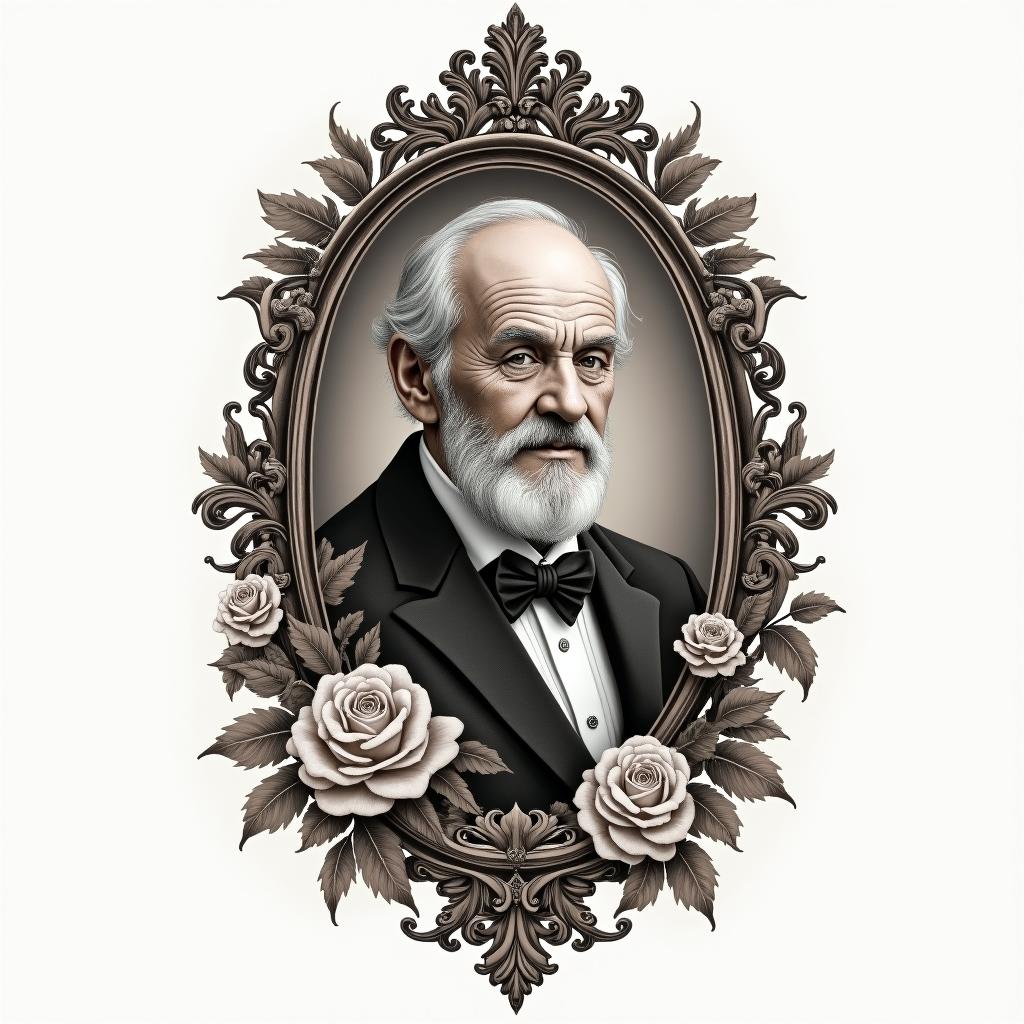 To honor my grandpa that was a carpenterin victorian style tattoo, featuring vintage and elegant elements, ornate frames, roses, antique, sepia-toned color scheme - Variation 2