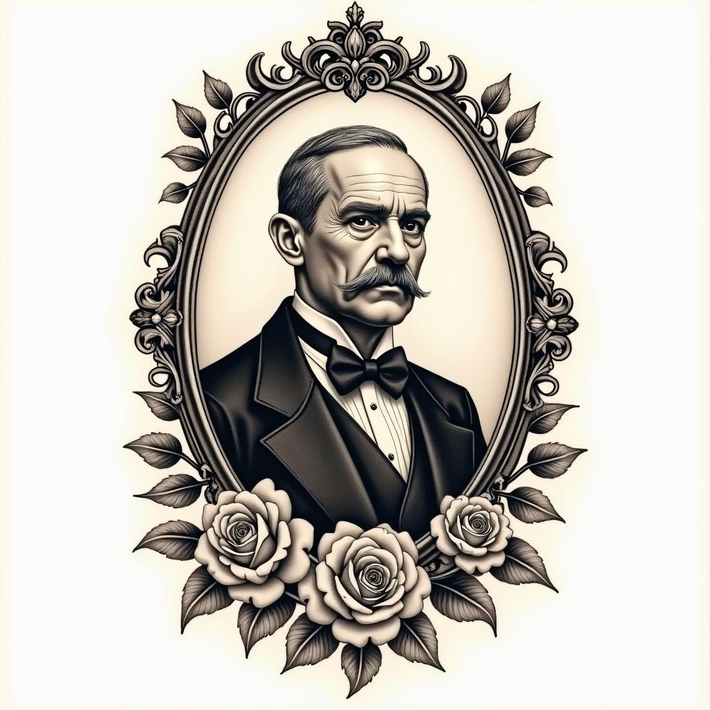 To honor my grandpa that was a carpenterin victorian style tattoo, featuring vintage and elegant elements, ornate frames, roses, antique, sepia-toned color scheme - Variation 1