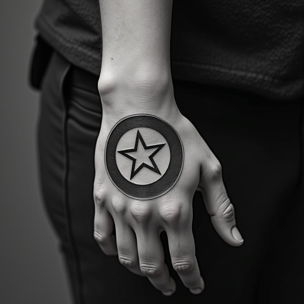 Captain America with his shield raisedminimalist text-based tattoo, Monospace font ultra-realistic, perfectly placed, high-quality font design, photo-realistic shading, 8k, high quality, finely detailed typograph