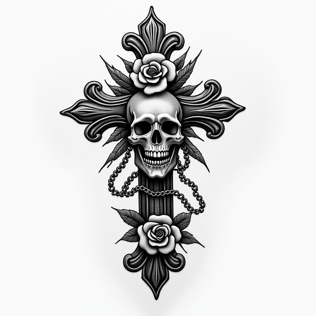 I want a light tag with "Collectif 40" written in a sober and discreet way.in chicano style tattoo, featuring intricate black and grey shading, bold elements of traditional chicano culture symbols, add a big cross with skull, chains and roses - Variation 3