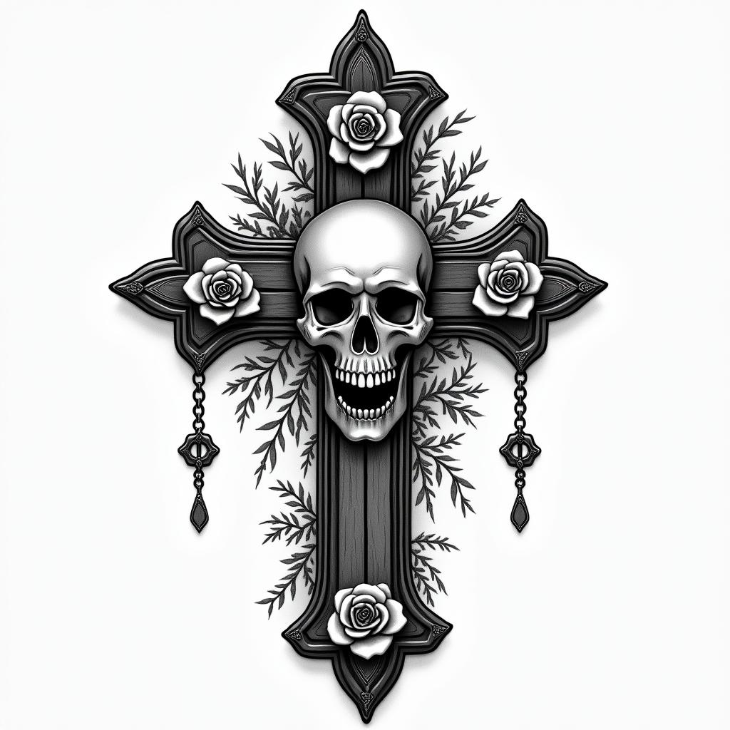 I want a light tag with "Collectif 40" written in a sober and discreet way.in chicano style tattoo, featuring intricate black and grey shading, bold elements of traditional chicano culture symbols, add a big cross with skull, chains and roses - Variation 4