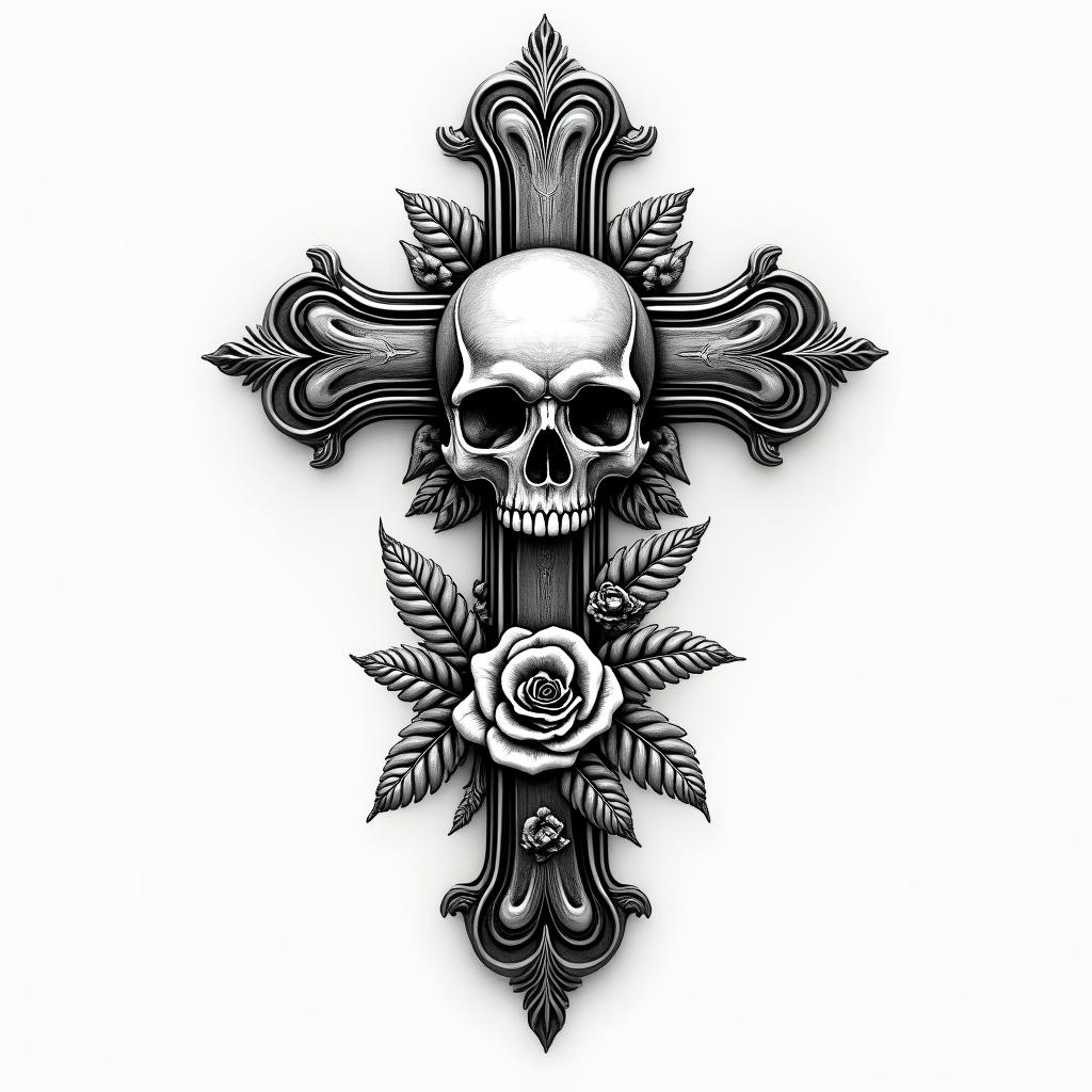 I want a light tag with "Collectif 40" written in a sober and discreet way.in chicano style tattoo, featuring intricate black and grey shading, bold elements of traditional chicano culture symbols, add a big cross with skull, chains and roses - Variation 2