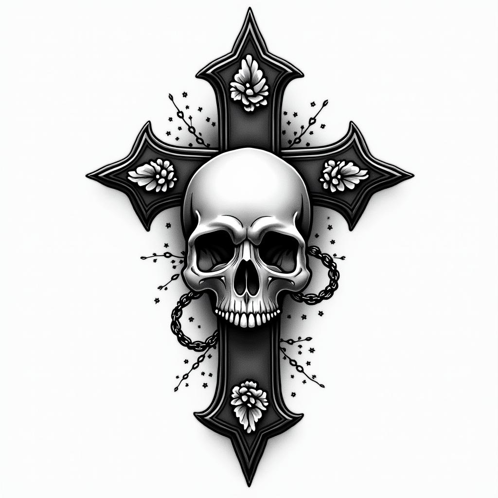 I want a light tag with "Collectif 40" written in a sober and discreet way.in chicano style tattoo, featuring intricate black and grey shading, bold elements of traditional chicano culture symbols, add a big cross with skull, chains and roses