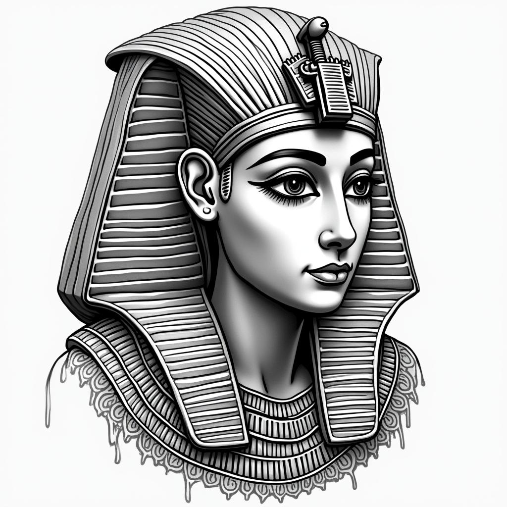 Aubree and Joein egyptian style tattoo, bold elements of ancient egyptian culture including a portrait of an Egyptian pharaoh with detailed facial features, in hieroglyphs and symbolic imagery, eye of horus, ankh symbol, scarab beetle - Variation 4