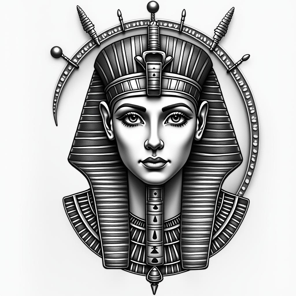 Aubree and Joein egyptian style tattoo, bold elements of ancient egyptian culture including a portrait of an Egyptian pharaoh with detailed facial features, in hieroglyphs and symbolic imagery, eye of horus, ankh symbol, scarab beetle
