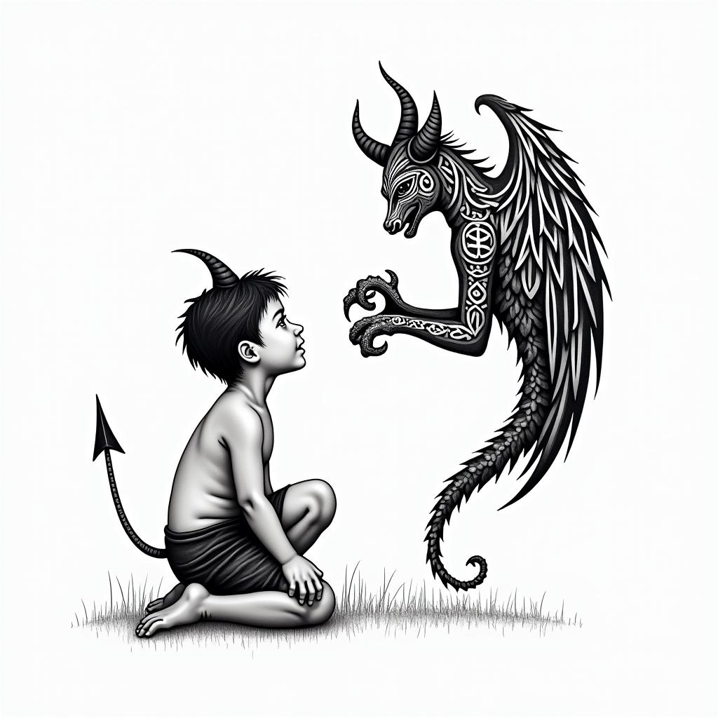 A little boy on his knees holding his broken devil horns looking up at a beautiful Angel with the words, "Are you proud of me now?" Memorial for my momin tribal tattoo style, featuring bold and black geometric shapes, curved lines, intertwine and flow seamlessly, creating a powerful and symbolic design, polynesian and maori styles - Variation 2