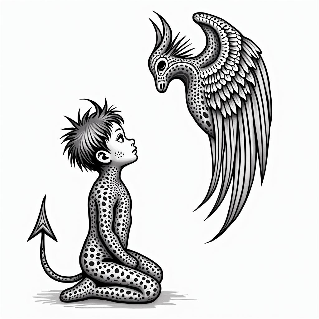 A little boy on his knees holding his broken devil horns looking up at a beautiful Angel with the words, "Are  you proud of me now?" Memorial for my momin tribal tattoo style, featuring bold and black geometric shapes, curved lines, intertwine and flow seamlessly, creating a powerful and symbolic design, polynesian and maori styles