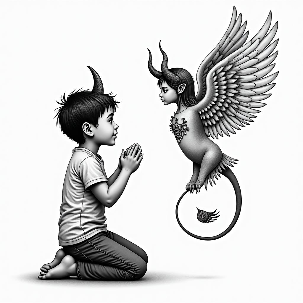 A little boy on his knees holding his broken devil horns looking up at a beautiful Angel with the words, "Are  you proud of me now?" Memorial for my momin spiritual symbols tattoo style, featuring an intricate design incorporating elements, Hamsa hand, third eye, minimalist composition - Variation 2
