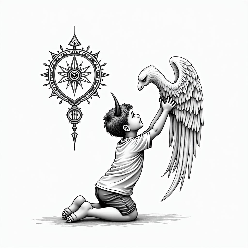 A little boy on his knees holding his broken devil horns looking up at a beautiful Angel with the words, "Are you proud of me now?" Memorial for my momin spiritual symbols tattoo style, featuring an intricate design incorporating elements, Hamsa hand, third eye, minimalist composition