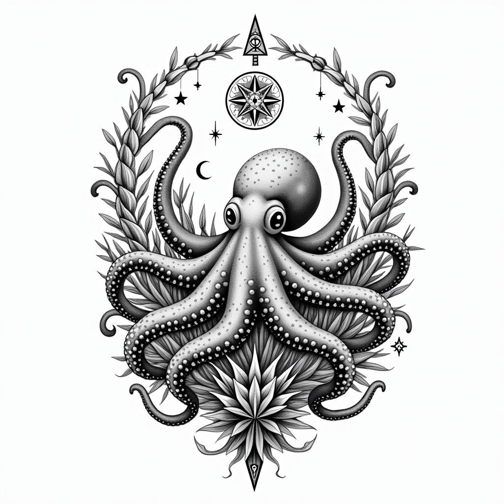 Cute octopus in a garden and space features
in the skyin paganic style tattoo, featuring ancient symbols, add vegvisir symbol, mystical figures, incorporating designs, pentagrams, runes, crescent moons, - Variation 1