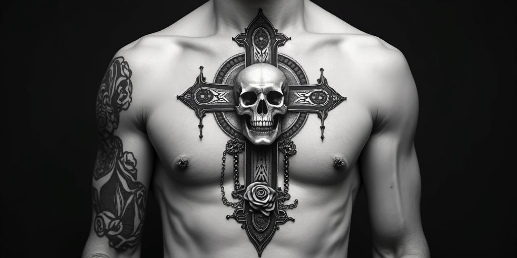 This is the representation of my group of friends.in chicano style tattoo, featuring intricate black and grey shading, bold elements of traditional chicano culture symbols, add a big cross with skull, chains and roses