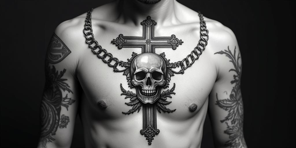 This is the representation of my group of friends.in chicano style tattoo, featuring intricate black and grey shading, bold elements of traditional chicano culture symbols, add a big cross with skull, chains and roses - Variation 3