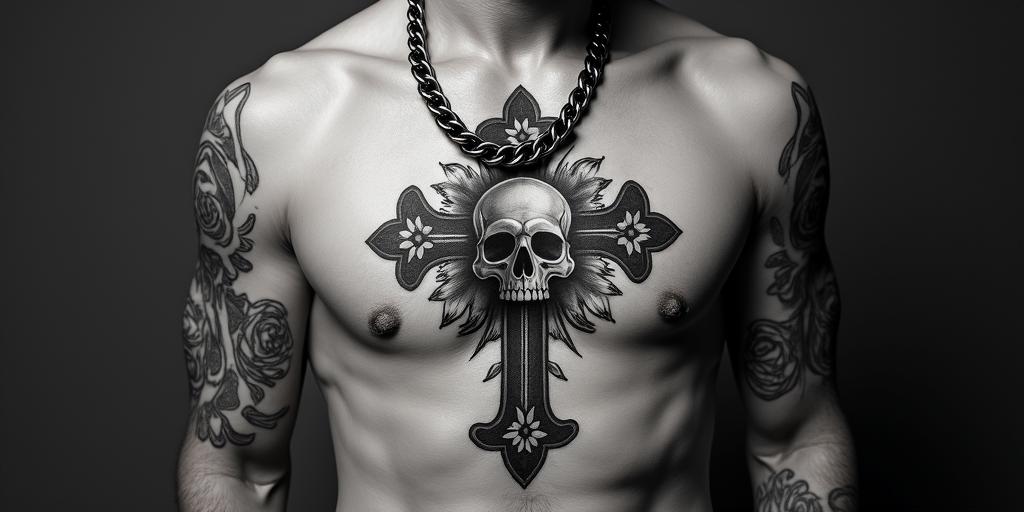 This is the representation of my group of friends.in chicano style tattoo, featuring intricate black and grey shading, bold elements of traditional chicano culture symbols, add a big cross with skull, chains and roses - Variation 2