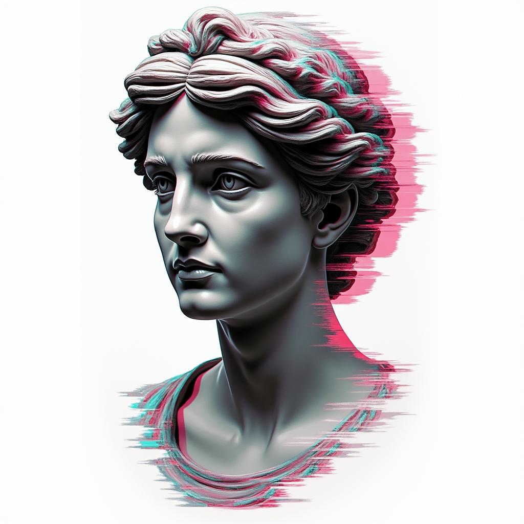 Aubree and Joein distorted and fragmented tattoo design, featuring a classical statue bust, in a glitch art style with vibrant, overlapping colors of cyan, magenta, and yellow, creating a digital distortion effect - Variation 2