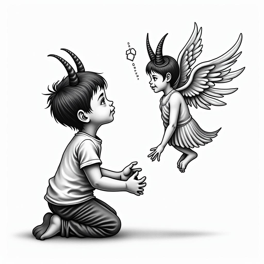 A little boy on his knees holding his broken devil horns looking up at a beautiful Angel with the words, "Are  you proud of me now?" Memorial for my momin authentic tattoo style, incorporating traditional modifications, bold black outlines, solid color fills, featuring classic authentic elements