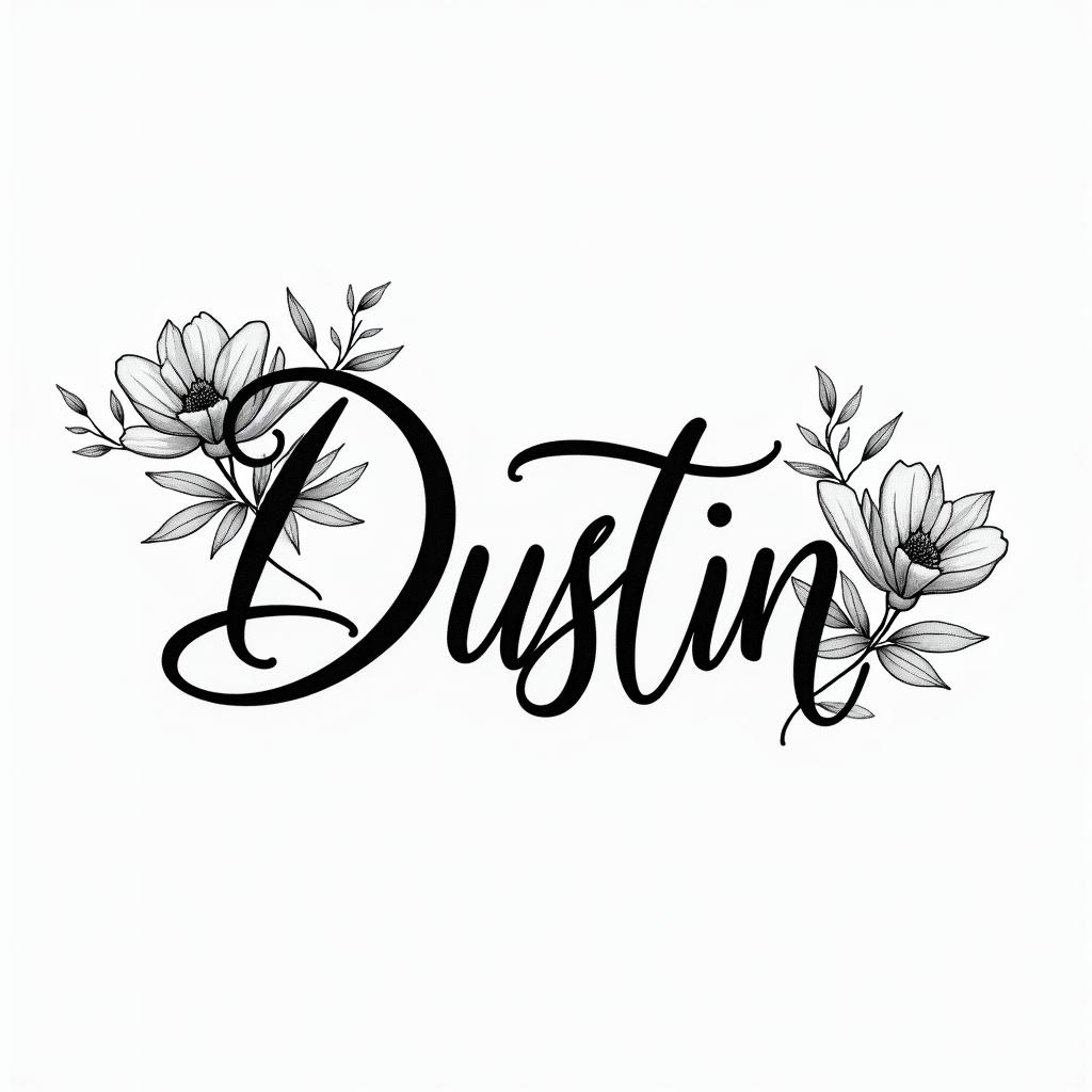 A delicate and flowing script tattoo showcasing the name "Dustin," intertwined with elegant symbols of love, such as hearts and soft floral elements, creating a harmonious and intimate design.higly detailed tattoo - Variation 3