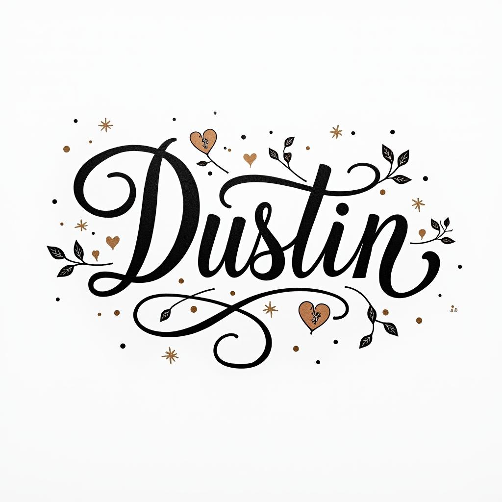 A delicate and flowing script tattoo showcasing the name "Dustin," intertwined with elegant symbols of love, such as hearts and soft floral elements, creating a harmonious and intimate design.higly detailed tattoo - Variation 4