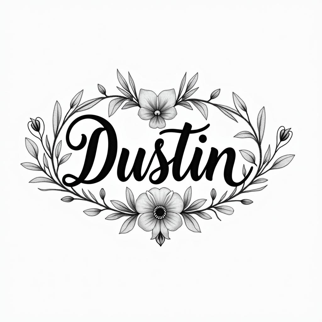 A delicate and flowing script tattoo showcasing the name "Dustin," intertwined with elegant symbols of love, such as hearts and soft floral elements, creating a harmonious and intimate design.higly detailed tattoo