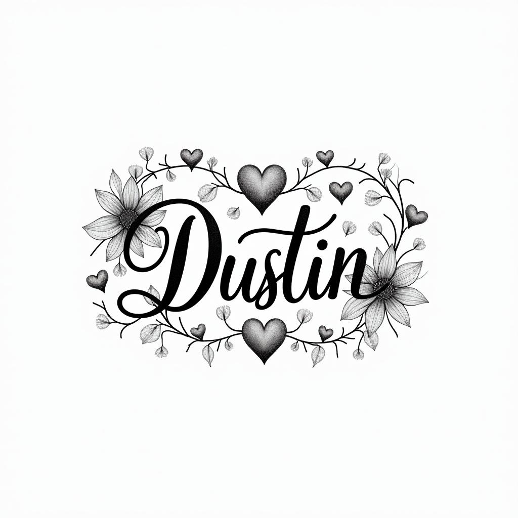 A delicate and flowing script tattoo showcasing the name "Dustin," intertwined with elegant symbols of love, such as hearts and soft floral elements, creating a harmonious and intimate design.higly detailed tattoo - Variation 2