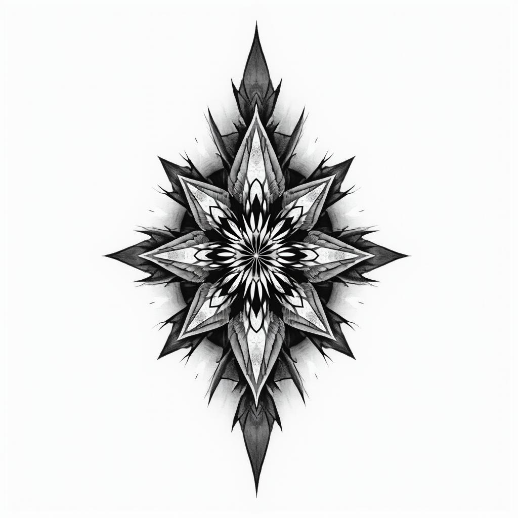 Bowling, bowling, bowling in geometric style tattoo, blending hexagons, mandala-inspired patterns, symmetrical and fractal design, clean lines, sharp angles - Variation 7