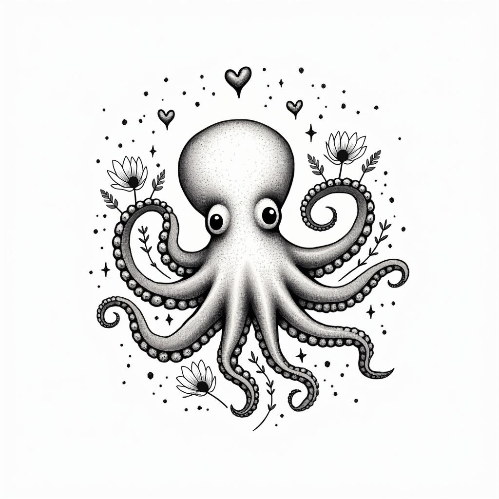 Cute octopus with wildflowers and space features in the skyin Modest style tattoo, featuring soft, delicate line work with simple and meaningful symbols, gentle waves, a heart, evoking a sense of serenity and grace, - Variation 3