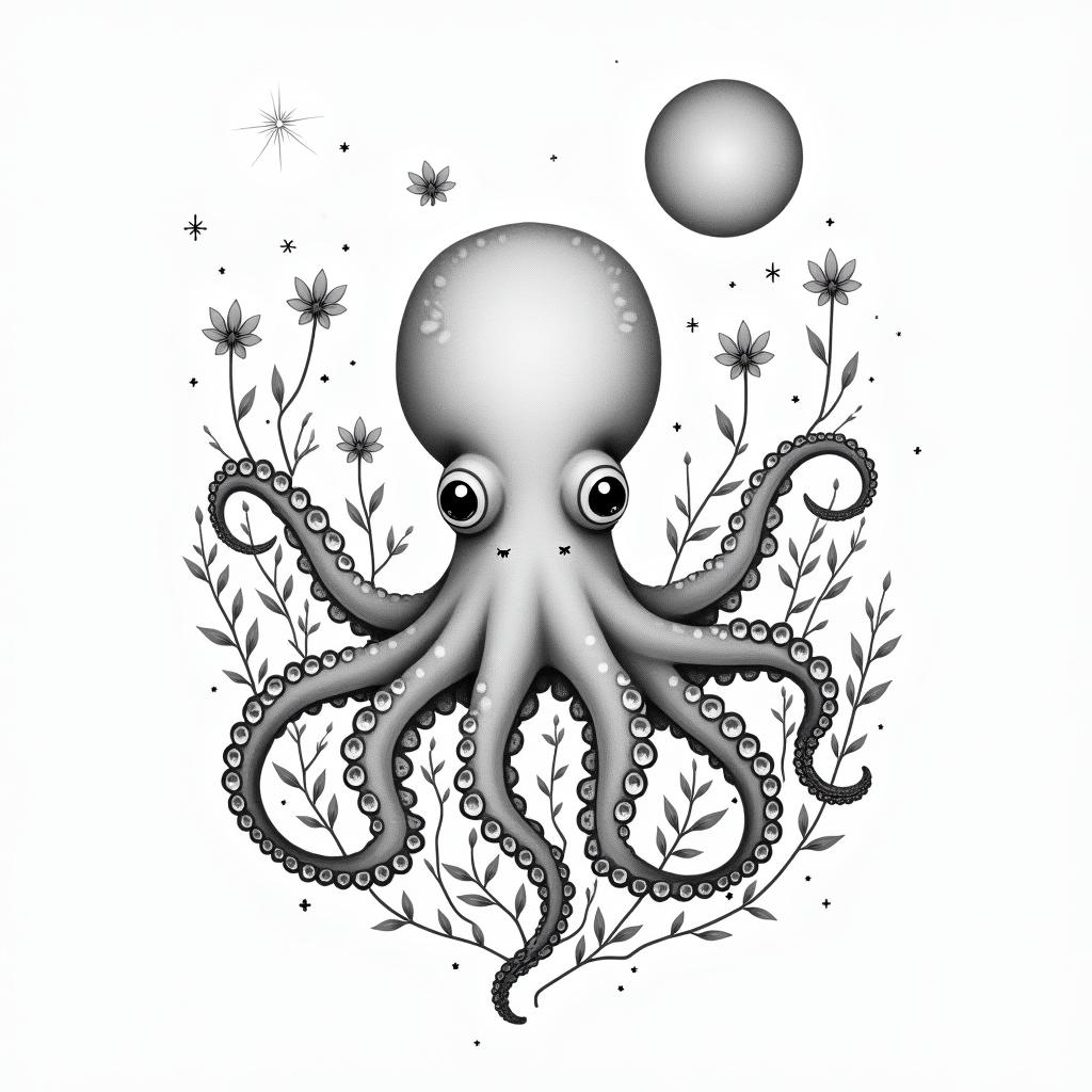 Cute octopus with wildflowers and space features in the skyin Modest style tattoo, featuring soft, delicate line work with simple and meaningful symbols, gentle waves, a heart, evoking a sense of serenity and grace,