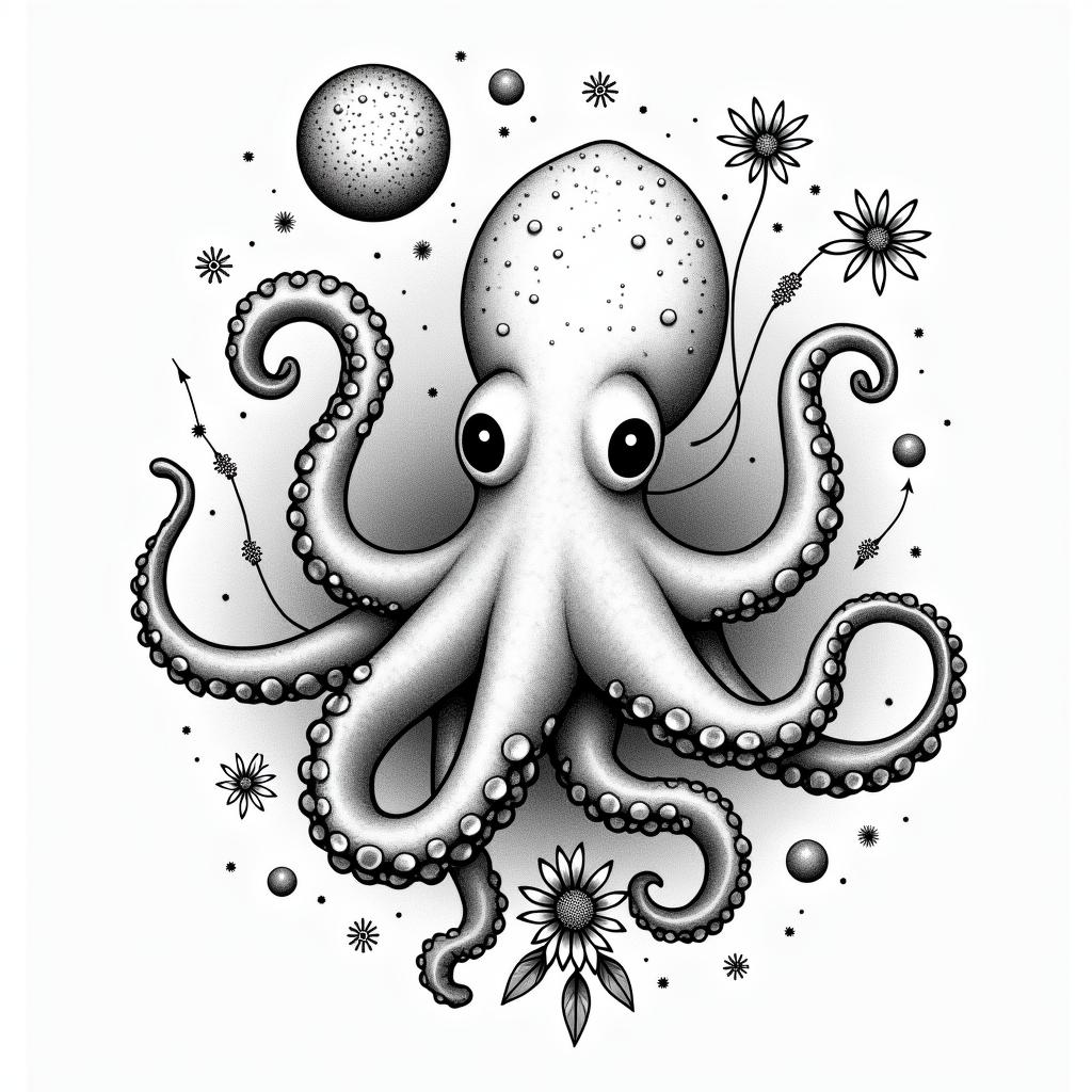 Cute octopus with wildflowers and space features in the skyin bohemian style tattoo, 8k - Variation 2