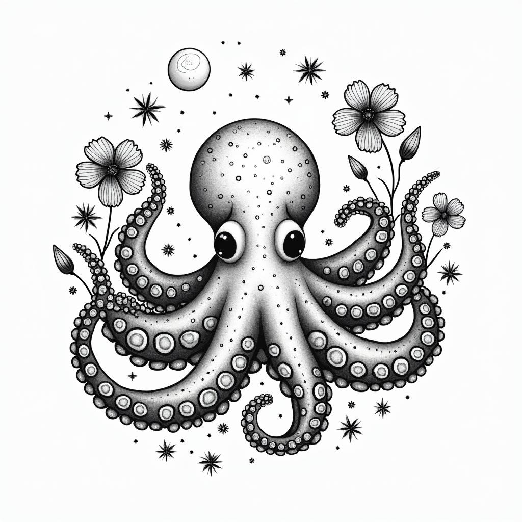 Cute octopus with wildflowers and space features in the skyin bohemian style tattoo, 8k