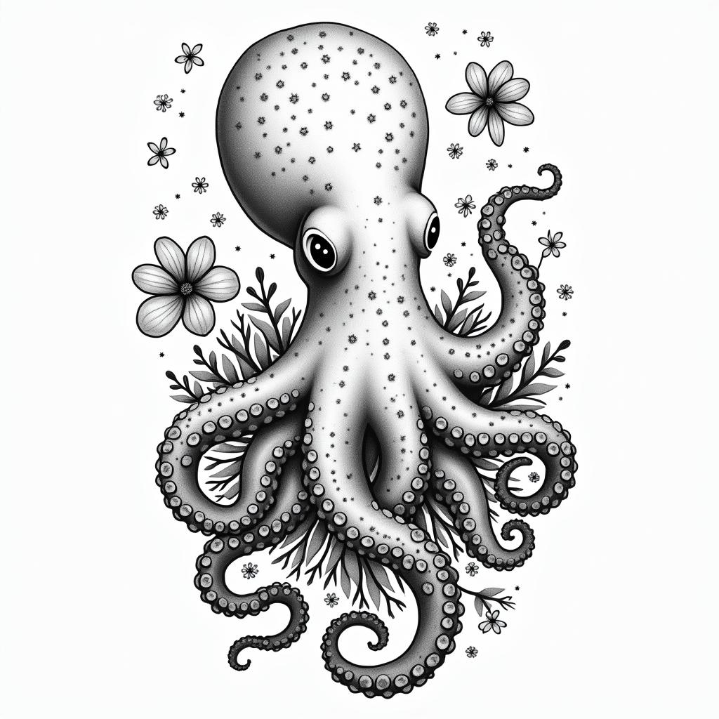 Cute octopus with wildflowers and space features in the skyin bohemian style tattoo, 8k - Variation 3