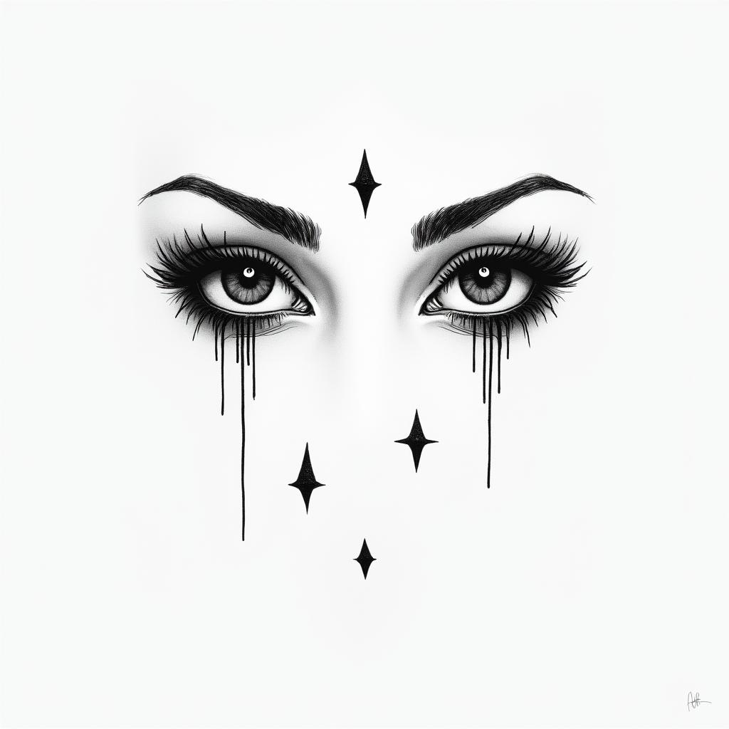 Eyes slut drip linerin minimalist style tattoo, featuring simple shapes and fine lines, with minimal shading and details, tiny triangles, creating a sense of balance and harmony - Variation 3
