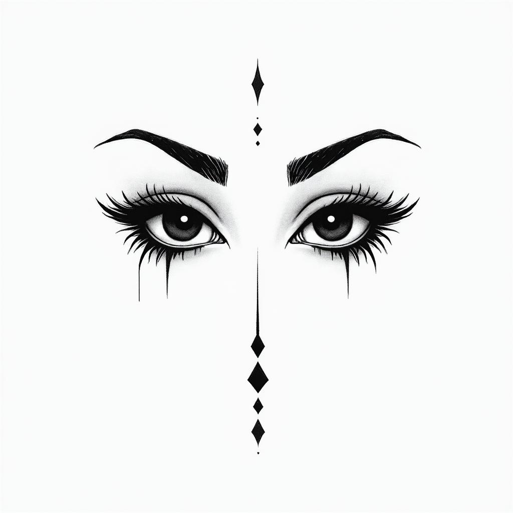 Eyes slut drip linerin minimalist style tattoo, featuring simple shapes and fine lines, with minimal shading and details, tiny triangles, creating a sense of balance and harmony - Variation 2