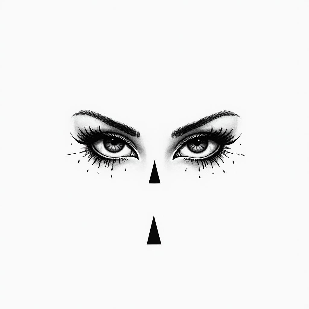 Eyes slut drip linerin minimalist style tattoo, featuring simple shapes and fine lines, with minimal shading and details, tiny triangles, creating a sense of balance and harmony