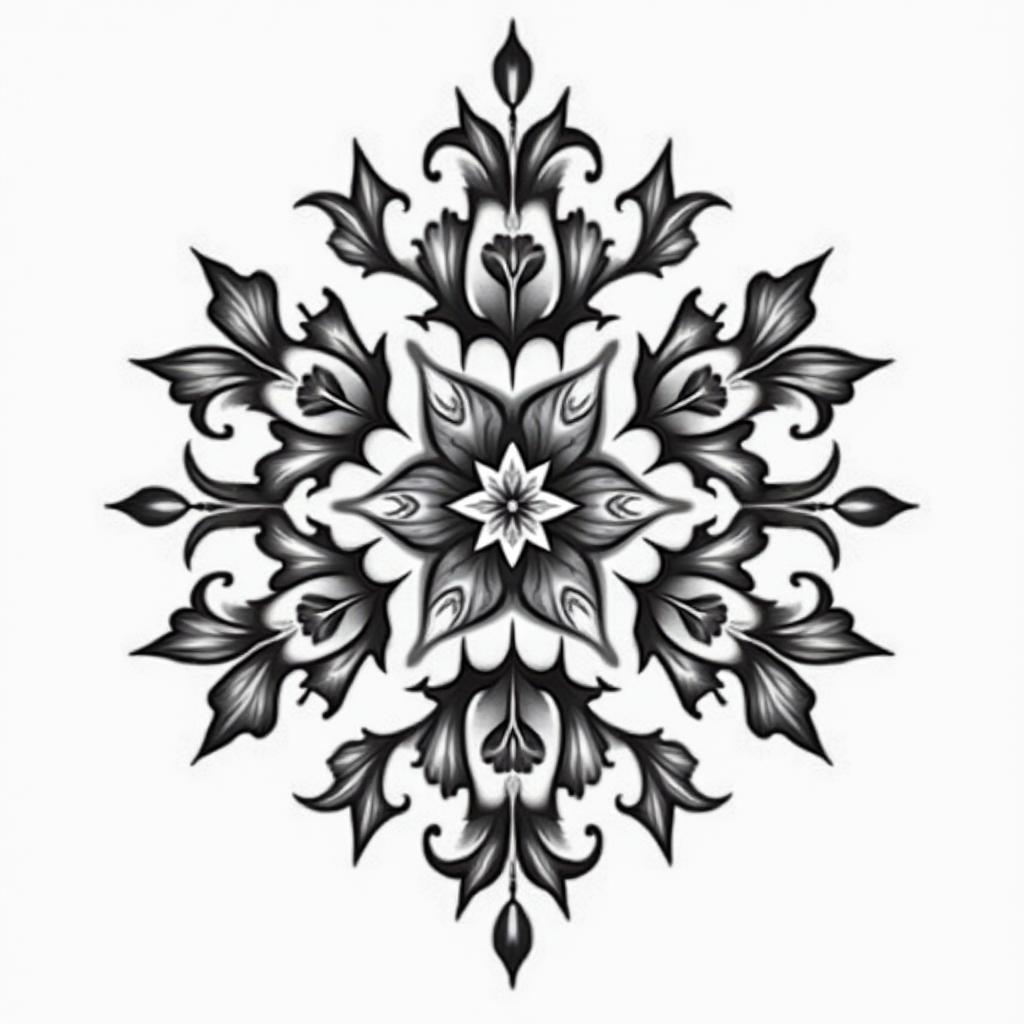 Solenn Poissons L'hay les Rosesin ornamental tattoo style, featuring intricate symmetrical patterns and floral designs, showcasing highly detailed line work and geometric shapes, creating a sense of elegance and balance