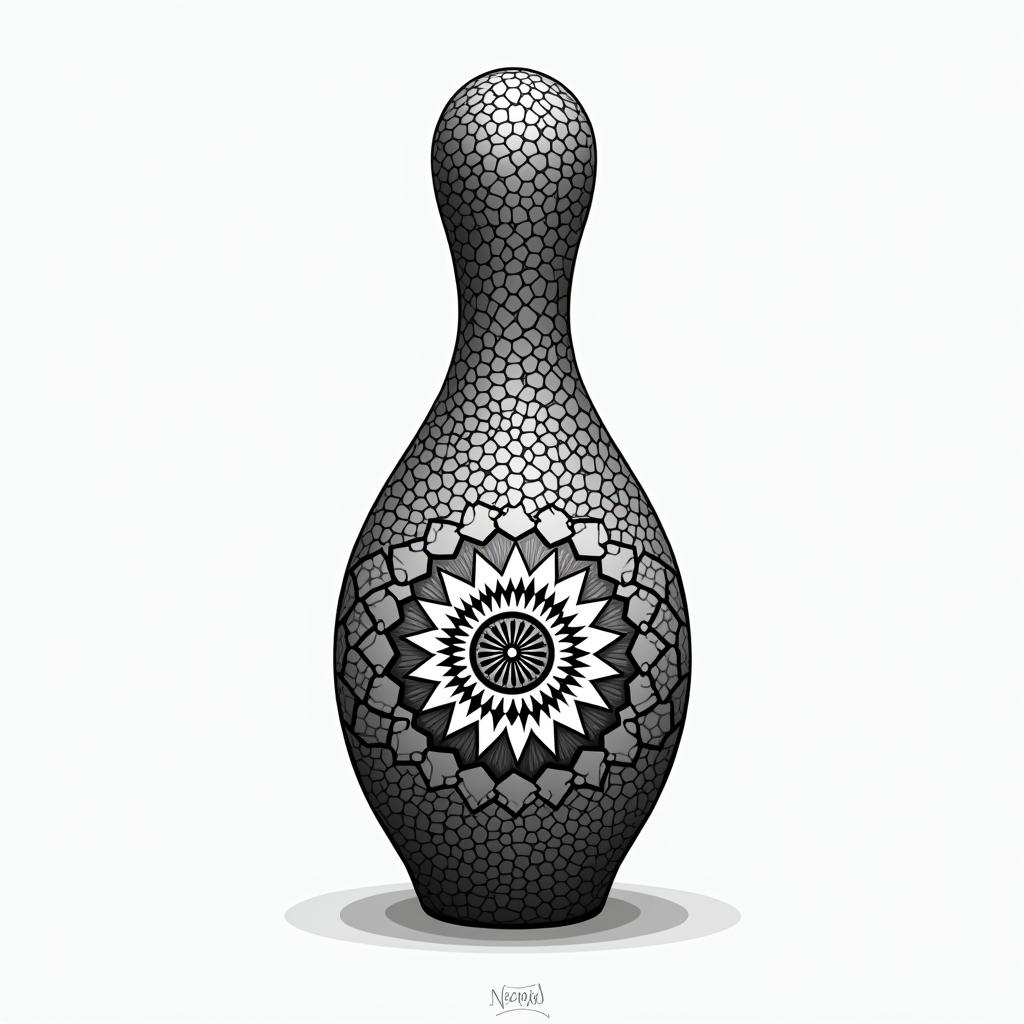 Bowling, bowling, bowling in geometric style tattoo, blending hexagons, mandala-inspired patterns, symmetrical and fractal design, clean lines, sharp angles
