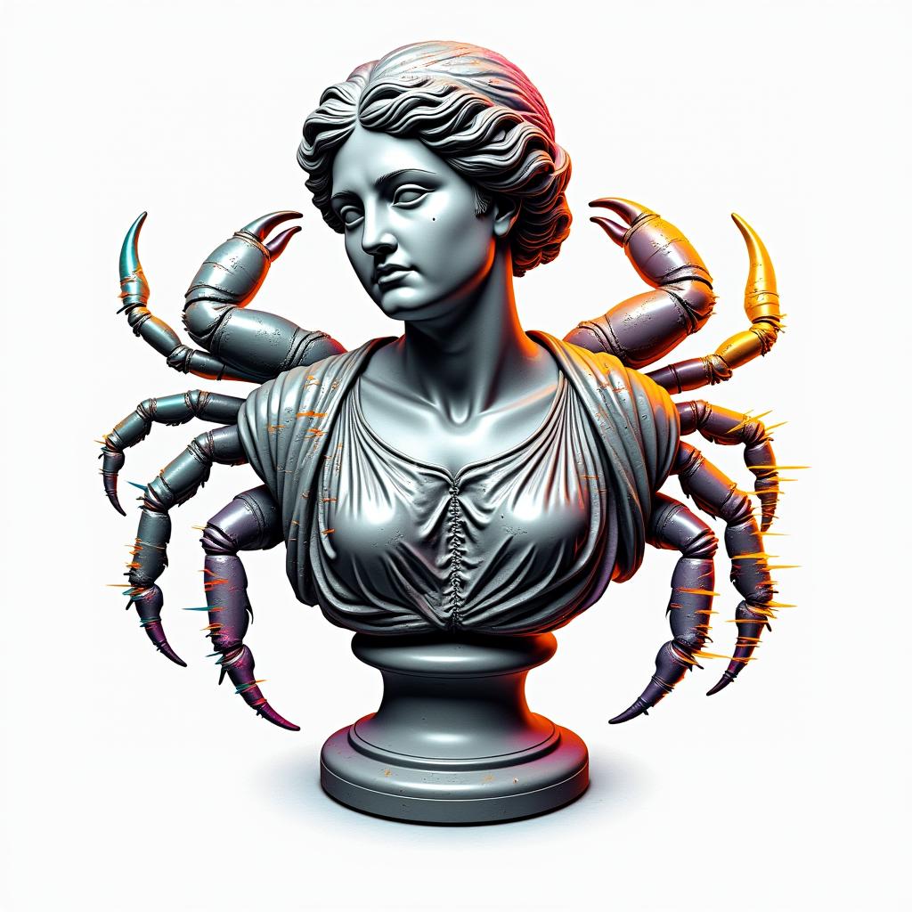 Crabin distorted and fragmented tattoo design, featuring a classical statue bust, in a glitch art style with vibrant, overlapping colors of cyan, magenta, and yellow, creating a digital distortion effect - Variation 3