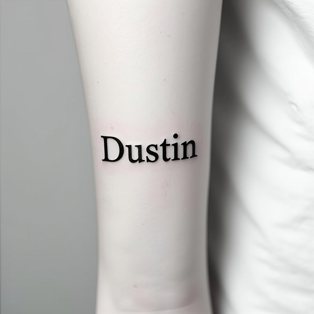 I want to get the name Dustin tattooed on my wristminimalist text-based tattoo, Monospace font ultra-realistic, perfectly placed, high-quality font design, photo-realistic shading, 8k, high quality, finely detailed typograph - Variation 3