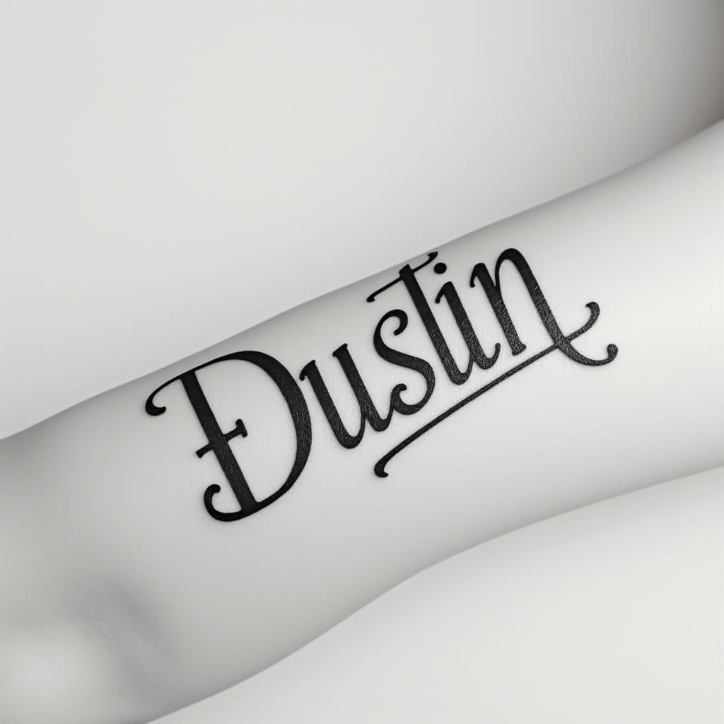 I want to get the name Dustin tattooed on my wristminimalist text-based tattoo, Monospace font ultra-realistic, perfectly placed, high-quality font design, photo-realistic shading, 8k, high quality, finely detailed typograph - Variation 4