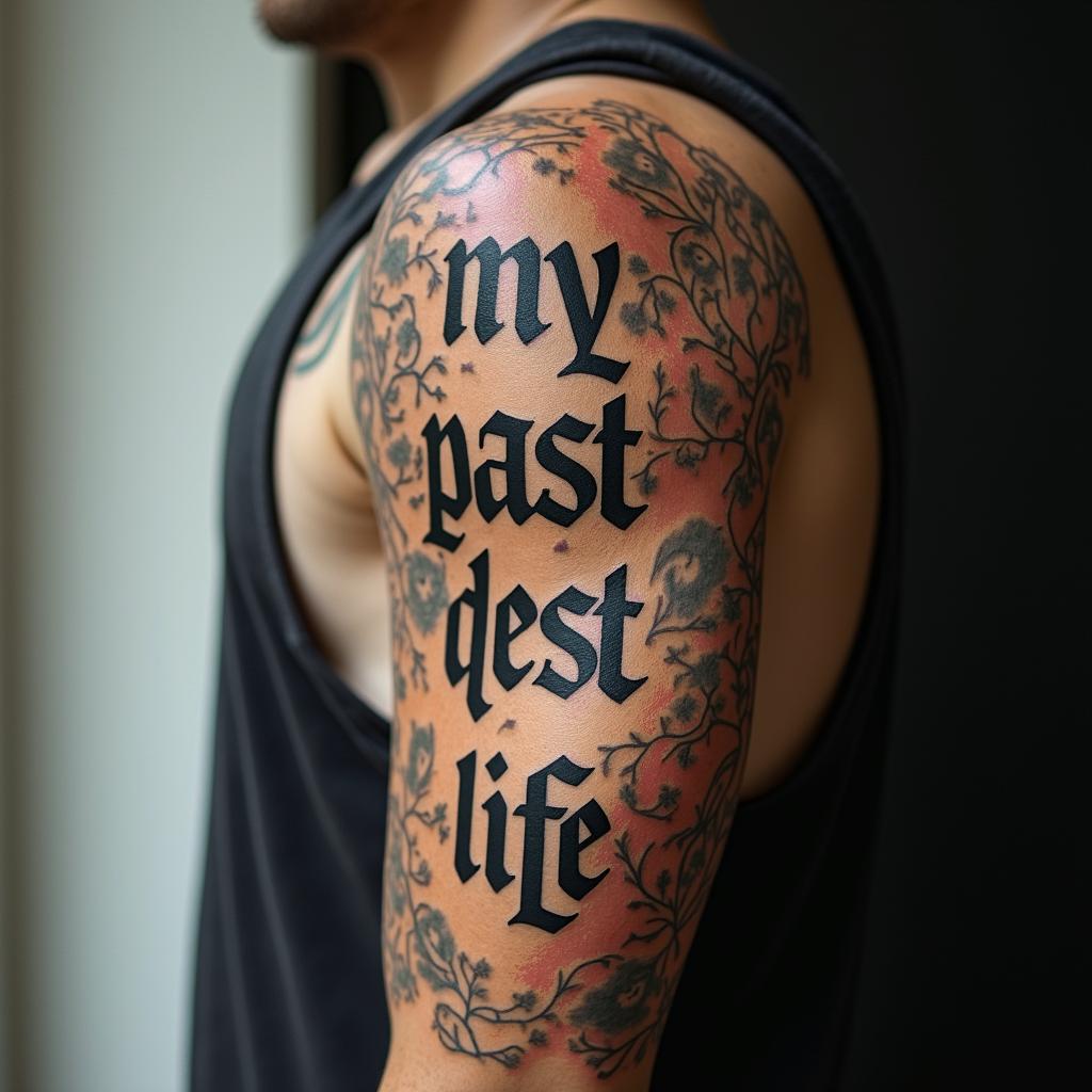 My past lifetext-based tattoo, gothic font ultra-realistic, perfectly placed, high-quality font design, photo-realistic shading, 8k, high quality, finely detailed typography - Variation 3
