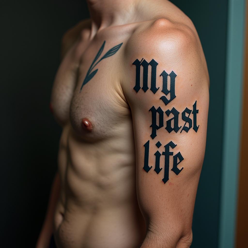 My past lifetext-based tattoo, gothic font ultra-realistic, perfectly placed, high-quality font design, photo-realistic shading, 8k, high quality, finely detailed typography - Variation 2