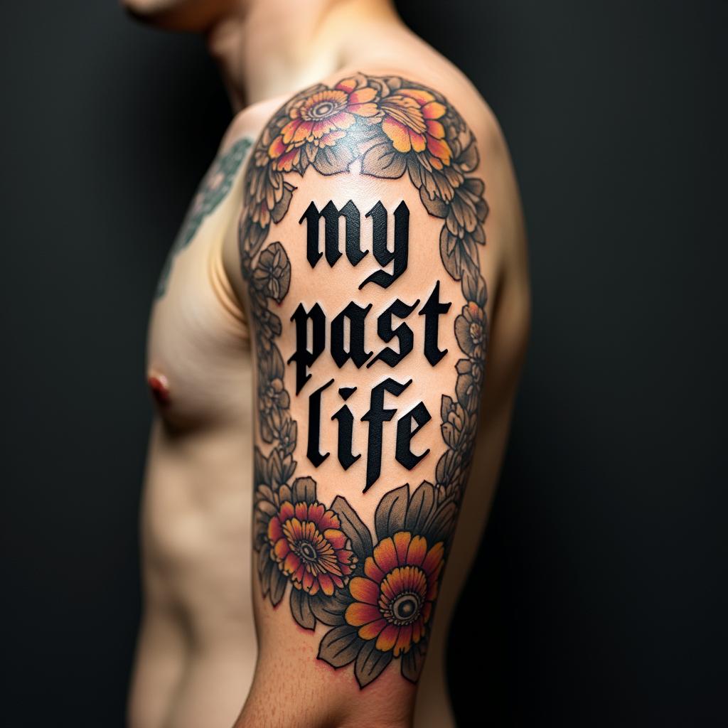 My past lifetext-based tattoo, gothic font ultra-realistic, perfectly placed, high-quality font design, photo-realistic shading, 8k, high quality, finely detailed typography - Variation 4