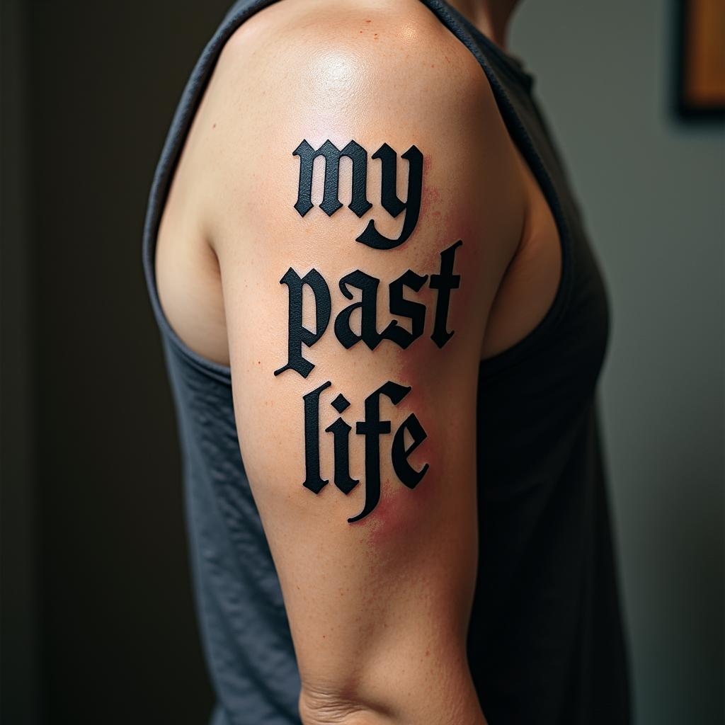 My past lifetext-based tattoo, gothic font ultra-realistic, perfectly placed, high-quality font design, photo-realistic shading, 8k, high quality, finely detailed typography