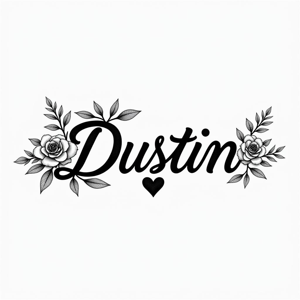 I want to get the name Dustin tattooed on my wristin elegant cursive calligraphy style 2d tattoo, decorate with roses, featuring a smooth and flowing handwritten script with slightly thickened strokes for a luxurious and bold appearance,  heart symbol between names,  sleek and glossy black text with shadowing, minimalist matte white background, clean and sharp edges, illuminated with soft lighting, romantic, 8k, high-quality textures with refined typography - Variation 5