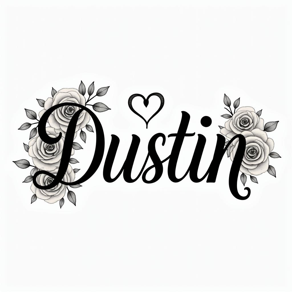 I want to get the name Dustin tattooed on my wristin elegant cursive calligraphy style 2d tattoo, decorate with roses, featuring a smooth and flowing handwritten script with slightly thickened strokes for a luxurious and bold appearance,  heart symbol between names,  sleek and glossy black text with shadowing, minimalist matte white background, clean and sharp edges, illuminated with soft lighting, romantic, 8k, high-quality textures with refined typography - Variation 6
