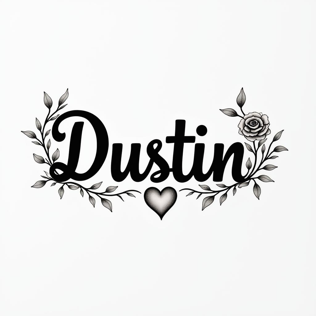 I want to get the name Dustin tattooed on my wristin elegant cursive calligraphy style 2d tattoo, decorate with roses, featuring a smooth and flowing handwritten script with slightly thickened strokes for a luxurious and bold appearance,  heart symbol between names,  sleek and glossy black text with shadowing, minimalist matte white background, clean and sharp edges, illuminated with soft lighting, romantic, 8k, high-quality textures with refined typography