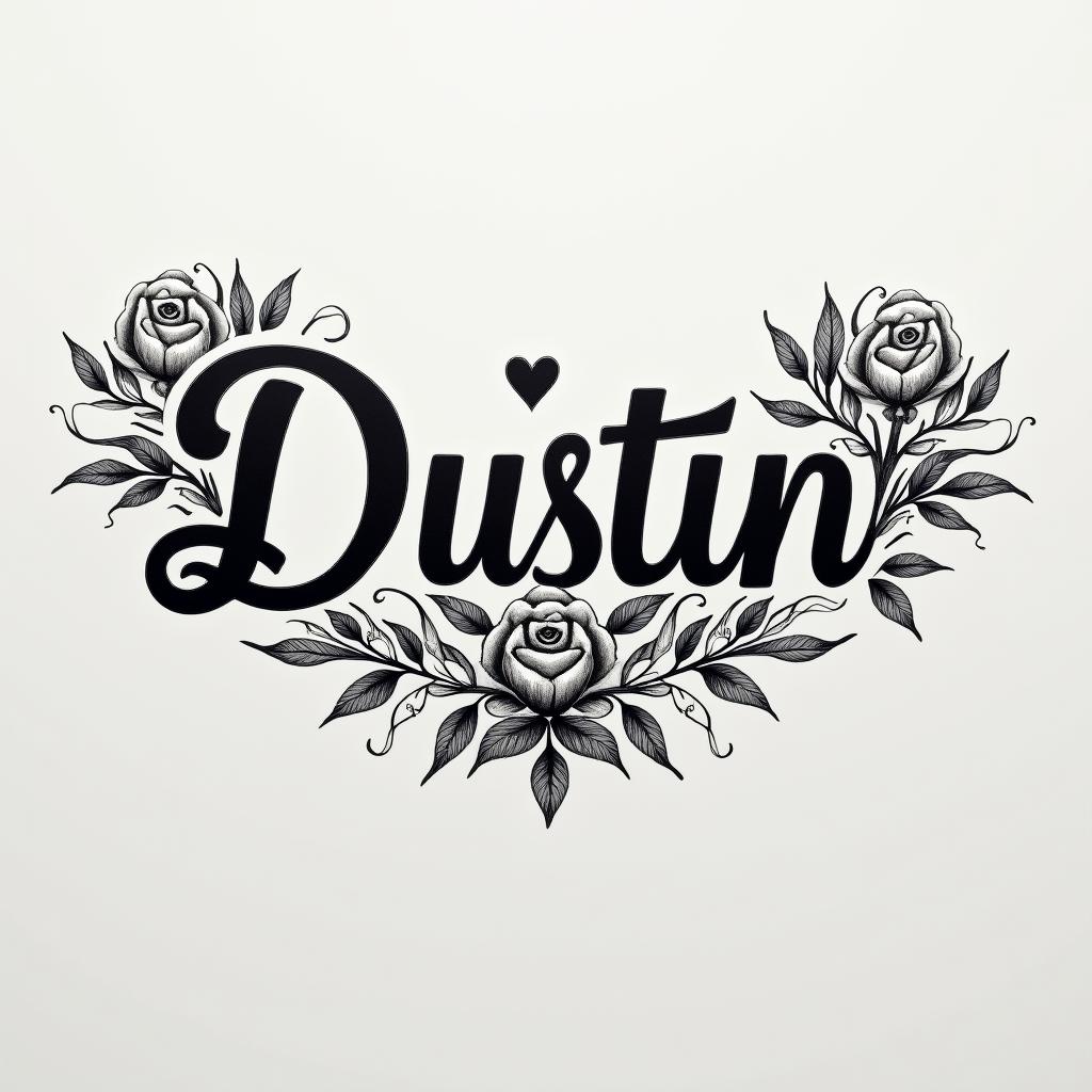 I want to get the name Dustin tattooed on my wristin elegant cursive calligraphy style 2d tattoo, decorate with roses, featuring a smooth and flowing handwritten script with slightly thickened strokes for a luxurious and bold appearance,  heart symbol between names,  sleek and glossy black text with shadowing, minimalist matte white background, clean and sharp edges, illuminated with soft lighting, romantic, 8k, high-quality textures with refined typography - Variation 3